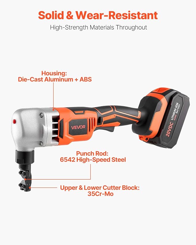 VEVOR Cordless Metal Nibbler, with 18 V 4000 mAh Battery, 1200 RPM Brushless Motor, Electric Nibbler Metal Cutter with Plastic Carrying Case for Cutting Stainless Steel, Aluminum, and Copper Sheet