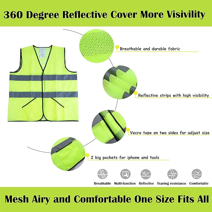 Safety Vests 10 Pack -Yellow Reflective High Visibility Construction Work Vests for Men,Woman,Pockets,Hi Vis Mesh and Neon Silver Strip,CIMC
