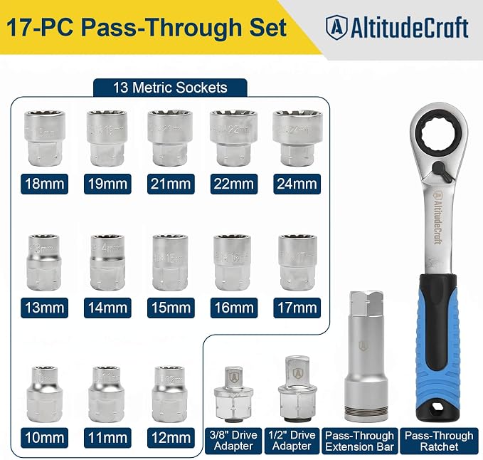 17-Piece Metric Pass-Through Socket Set for Long Studs | 13 Metric Sockets, Reversing Ratchet, Extension Bar, 3/8-In and 1/2-In Adapters for Long Studs and Strut Work