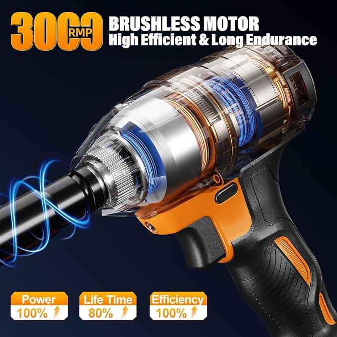 Brushless Impact Wrench 3-in-1 500N.m(369Ft-lbs) Torque Wrench 1/2 Drive with 2x2.0Ah Batteries, 8 Drill Bits, 6 Screwdriver Bits, 4 Sockets, Cordless Impact Gun for automotive Repair and DIY