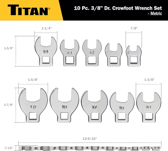 Titan 17295 10-Piece 3/8-Inch Drive Metric Crowsfoot Wrench Set