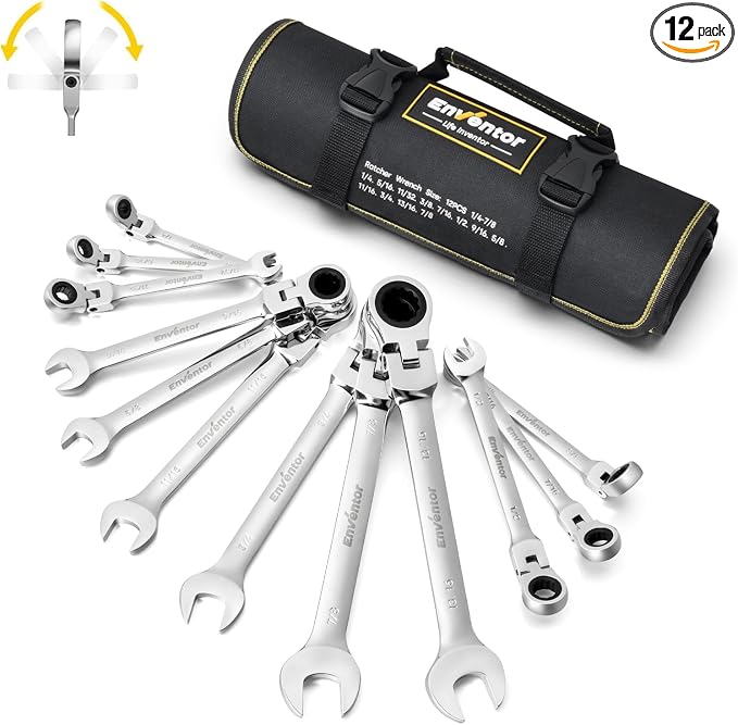Enventor Ratcheting Wrench Set with 180° Flex Head, 12-Piece, SAE 1/4-7/8" | 72-tooth Ratchet, 5° Swing Arc, 12-point Box Ends, CR-V Steel, Slim Profile, Roll-up Pouch