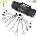Enventor Ratcheting Wrench Set with 180° Flex Head, 12-Piece, SAE 1/4-7/8" | 72-tooth Ratchet, 5° Swing Arc, 12-point Box Ends, CR-V Steel, Slim Profile, Roll-up Pouch