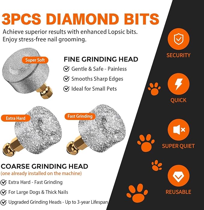 Whisper Quiet Dog Nail Grinder with 4 LED Lights, Safe & Stress-Free for Sensitive Dogs of All Breeds & Sizes, 3 Grinding Bits, 3-Speed, Pet Nail Trimmers, Rechargeable Painless Grooming Kit Orange