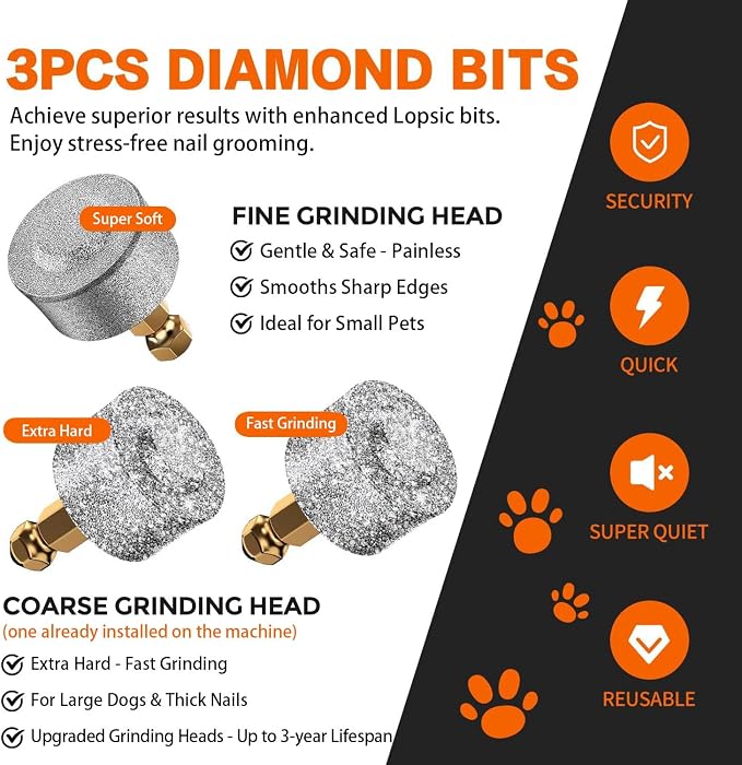 Whisper Quiet Dog Nail Grinder with 4 LED Lights, Safe & Stress-Free for Sensitive Dogs Cats of All Breeds & Sizes, 3 Grinding Bits, 3-Speed, Pet Nail Trimmers, Rechargeable Painless Grooming Kit