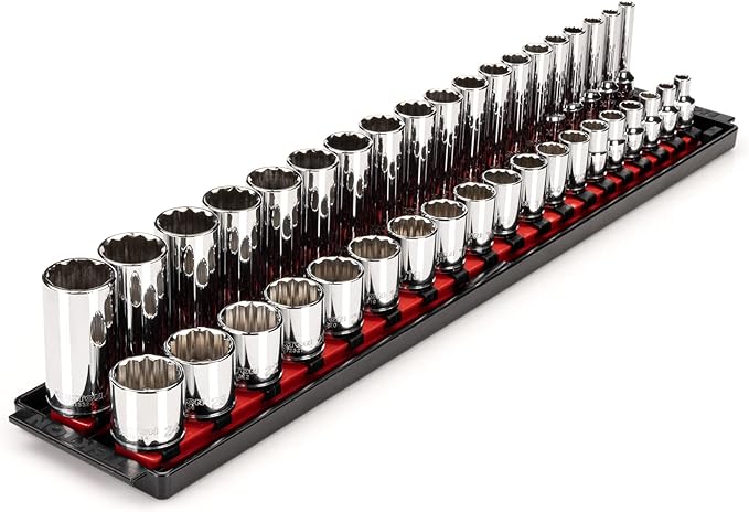 TEKTON 3/8 Inch Drive 12-Point Socket Set, 38-Piece | SHD91212 | (6 - 24 mm), Shallow and Deep, Socket Rail