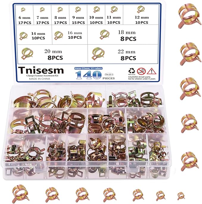 Tnisesm 140 Pcs 12 Values 6-22mm Spring Band Type Action Pipe Clamp, Air Hose Tube Water Pipe Fuel Pipe Silicone Vacuum Hose Clamp Fasteners Assortment Kit TN-23-1