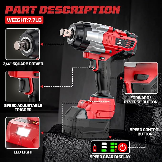Cordless Impact Wrench 3/4 inch Compatible with Milwaukee Battery, Cerycose1850ft-lbs (2500N.m) Brushless Electric Impact Gun, High Torque Impact Driver, Heavy-Duty Automotive with 4 Sockets