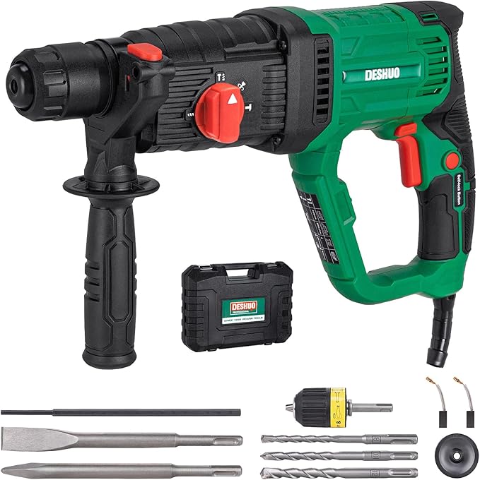 1" SDS Plus Lightweight Rotary Hammer Drill with 1/2" Keyless Chuck Adapter, 9 Amp 4 Functions Corded Variable Speed Rotomartillo with Safety Clutch for drilling in Concrete Masonry Wood Metal