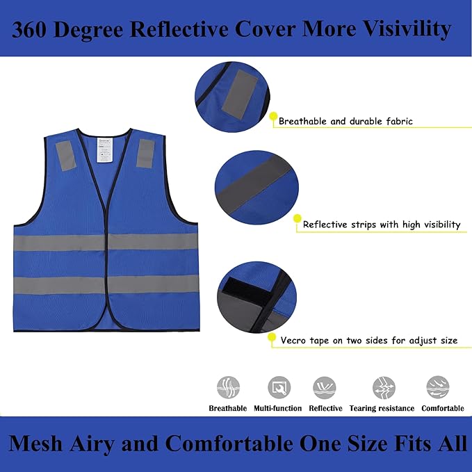 Blue Safety Vests 10 Pack - Reflective High Visibility Construction ANSI Class 2 Work Vests for Men,Woman,Hi Vis Mesh and Neon Silver Strip