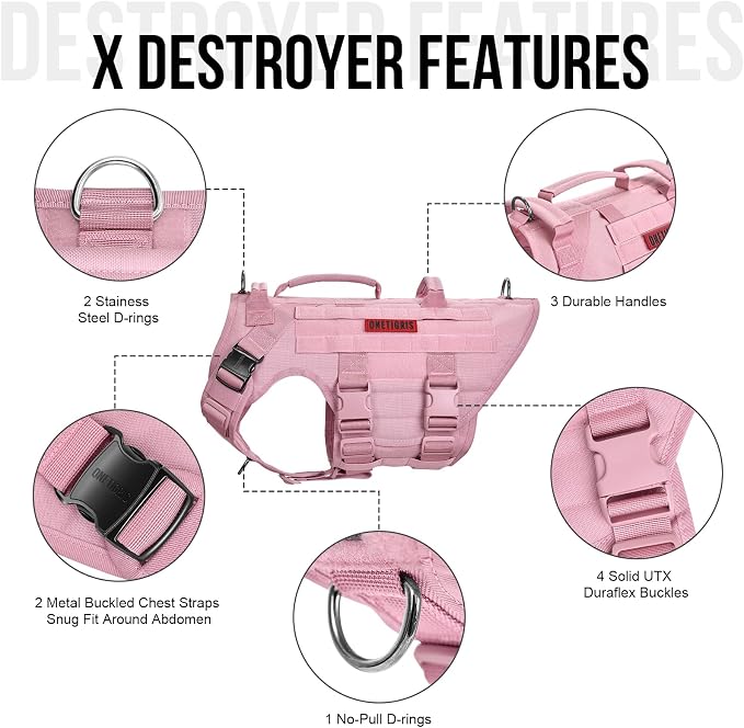 OneTigris Large Tactical Dog Harness, No Pulling Adjustable Dog Vest Harness, Heavy Duty Dog Harness with Handle, Large Hook and Loop Panels for Patch(Pink,S)