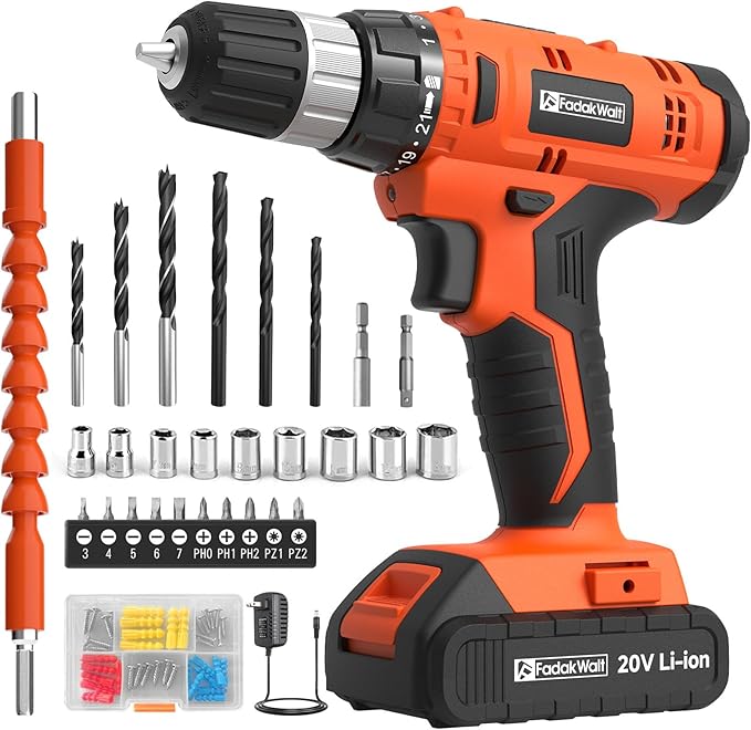 FADAKWALT 20V Electric Power Drill Set, Torque 30N, 21+1 Torque Setting, 3/8-Inch Keyless Chuck, LED Electric Drill Kit, Orange