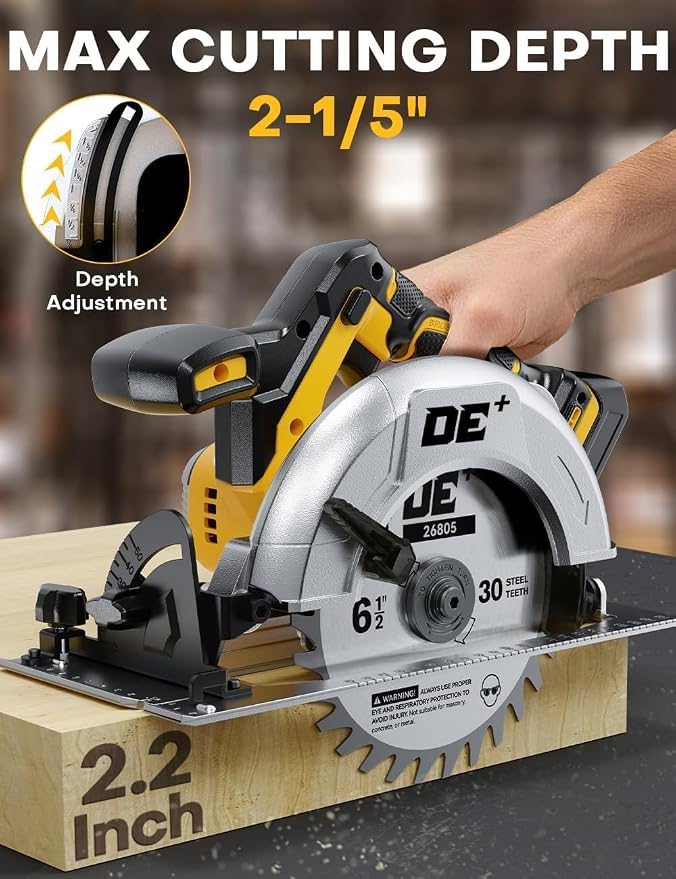 Brushless Cordless Circular Saw, for DeWalt 20V Max Battery, 6-1/2 Inch Aluminum Alloy Blade, 8000 RPM, 6.2 Lbs Lightweight, Cutting Depth 2-1/5" (90°), 0-90° Bevel, Hex Wrench, Rip Guide for Wood PVC