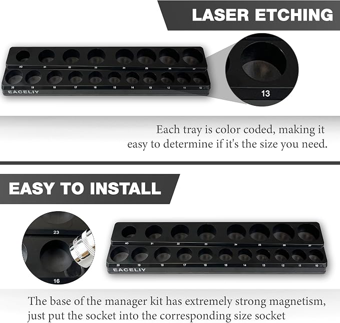 EACELIY Magnetic Socket Organizer Set,Metric Socket Holder Kit, Socket Trays，holds 75 Deep and Shallow 3/8" Sockets(sockets not included) 丨3Pcs 1/2", 1/4" and 3/8" （Black）