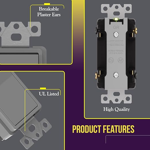 ENERLITES 4-Way Decorator Paddle Rocker Light Switch, Gloss Finish, Clamp Down Wiring, Grounding Screw, Residential Grade, 15A 120V/277V, UL Listed, 94150-GY, Gray