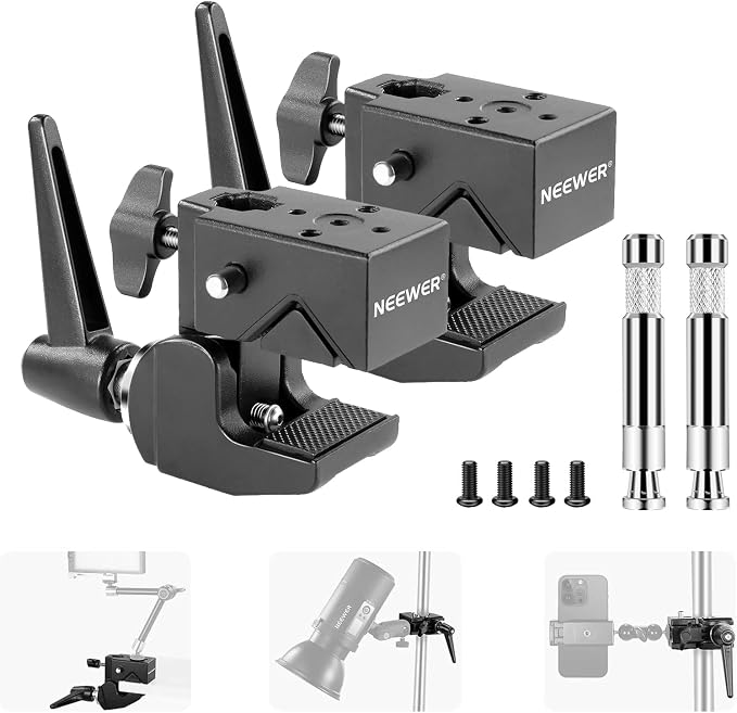 NEEWER 2 Pack Super Clamp with 5/8" Stud, Spring Lock, 2.4" Jaw Grip Heavy Duty Crab Pole Clamp for Round Pipe Flat Surface, for Photography Studio Camera Lighting Mounting, Max Load 33lb/15kg, UA017