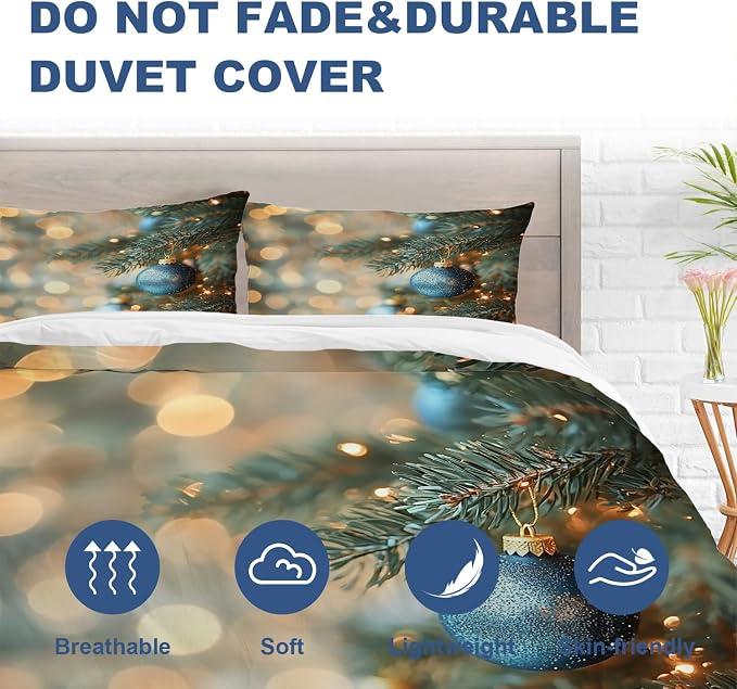 Batmerry Christmas Tree King Size 100% Cotton Duvet Cover Sets, Blue Baubles Fir Branches Bedding Set with Zipper Closure Corner Ties, 3 Pieces (1 Cover + 2 Pillowcases No Comforter)