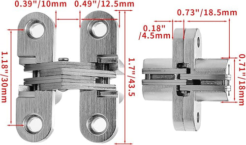 1-3/4" Hidden Hinge Stainless Steel 180 Degree Invisible Cross Hinges for Kitchen Cabinet Door Frameless Concealed Hinge with Screws, 4pcs