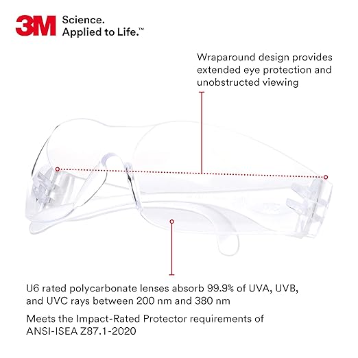 3M Safety Glasses, Virtua 11228, Pack of 100, ANSI Z87, Unisex, Clear Lens, Clear Frame, Economical Eye Protection, Lightweight, UVA, UVB, UVC