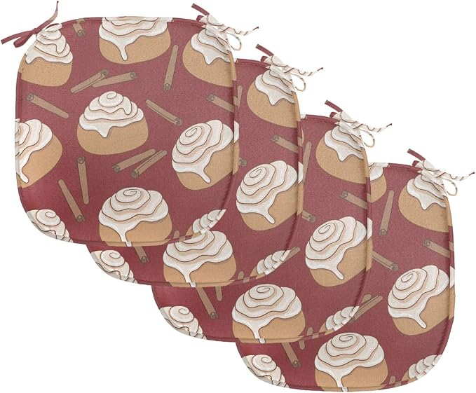 Lunarable Cinnamon Chair Seating Cushion Set of 4, Digitally Generated Delicious Cinnamon Rolls Dessert Patisserie Themed, Anti-Slip Seat Padding for Kitchen & Patio, 16"x16", Pale Maroon and Cocoa