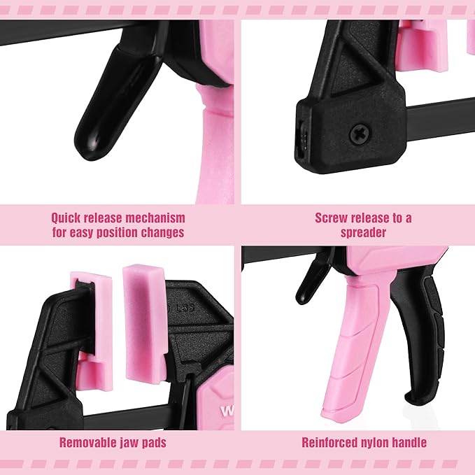 WORKPRO 6" Mini Bar Clamps for Woodworking, 2-Pack One-Handed Clamp/Spreader, Light-Duty Screw-Change F Clamp with 50lbs Load Limit, Pink Ribbon