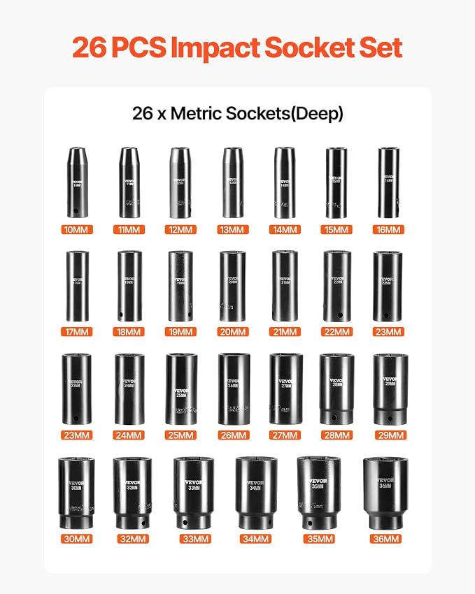 VEVOR Impact Socket Set, 26pcs x 1/2inch Metric 10mm-36mm Impact Sockets, 6-Point Deep Socket Rugged Construction High-torque, Cr-V 1/2 Inches Drive Socket Set Impact with a Storage Cage
