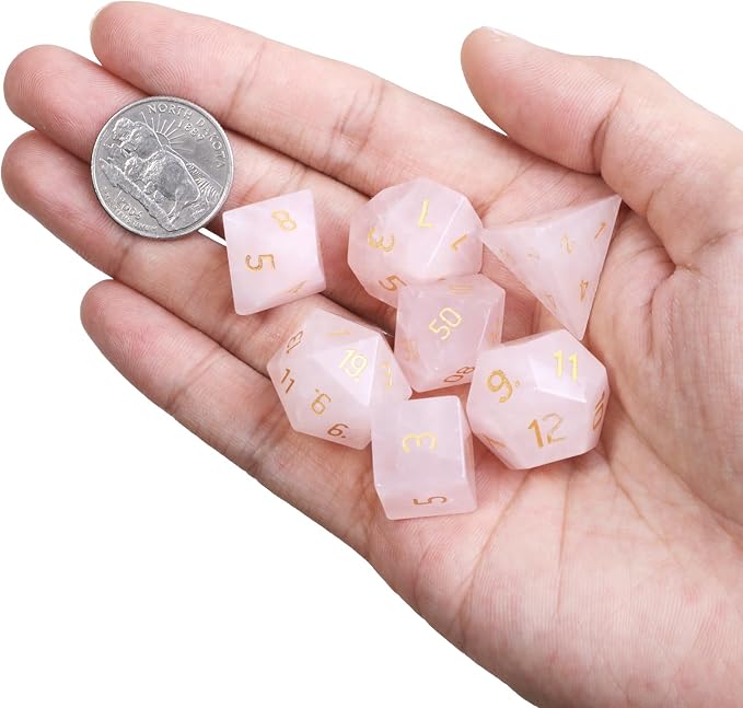 mookaitedecor 7 PCS Rose Quartz Crystal Polyhedral DND Dice Set, Polished Tumbled Stones Dices for RPG MTG Table Games Home Decoration
