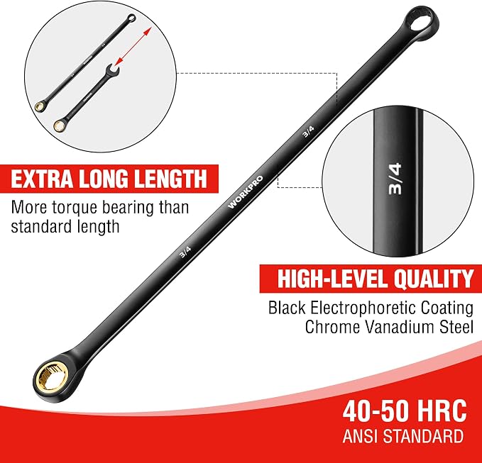 WORKPRO Extra Long Ratcheting Wrench Set, 9-Piece Anti-Slip Double Box End Wrench Set, SAE 5/16-3/4 in, 72-Tooth, Cr-V Steel and Black Electrophoretic Coating Wrenches with Rolling Pouch