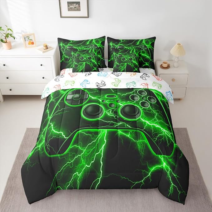 Gamer Twin Comforter Set with Sheets, Gaming 7-Piece Bedding Set Video Game Console Bed in a Bag, Green Lightning Room Decor,Boys Bedroom Decor