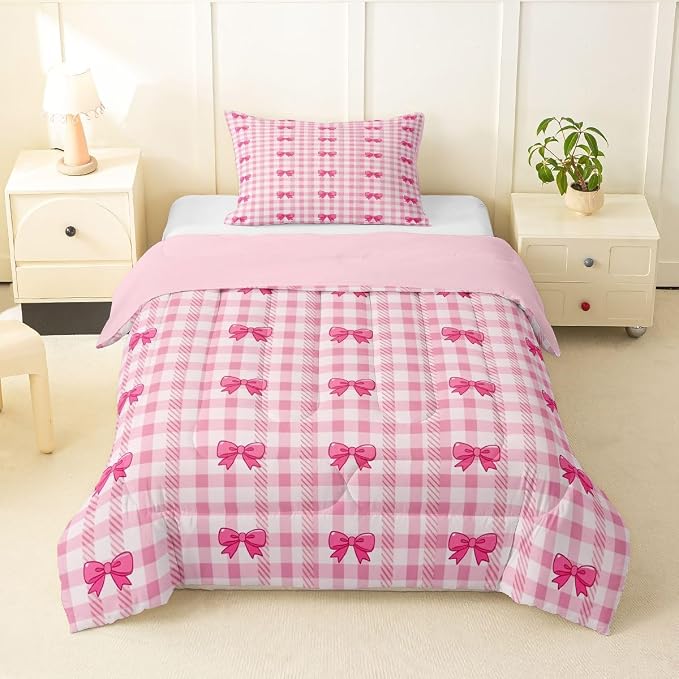 Feelyou Pink Grid Bowknot Comforter Set All Season Bow Checkered Bedding Set with 1 Pillow Cases Princess Microfiber Kids Toddler Bedclothes Bedroom Decor Duvet Quilt Breathable Soft Lightweight