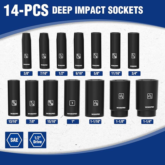 WORKPRO 14-Piece 1/2＂ Drive Deep Impact Socket Set, SAE | 6-Point Impact Deep Socket Set, Heavy Duty Storage Case, for Automotive, Mechanical Repairs, 3/8"-1-1/4", Cr-V Steel
