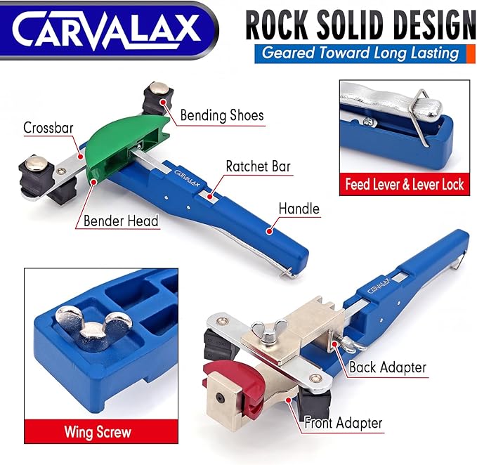 CARVALAX 90° Ratcheting Tube Bender Kit - 7 Color-Coded Aluminum Heads for 1/4" to 7/8" Pipes, Reverse-Bend Adapters & Portable Toolbox, Tube Cutter & Deburring for HVAC/Heating Repair (Blue）