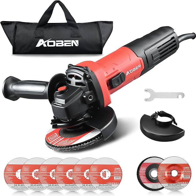 AOBEN 900W Angle Grinder 4-1/2 inch | 7.5Amp, 11000 RPM Corded Electric Grinder Tool, with Slide Switch, Safety Guard & Hand | for DIY Projects, Metal Cutting & Grinding
