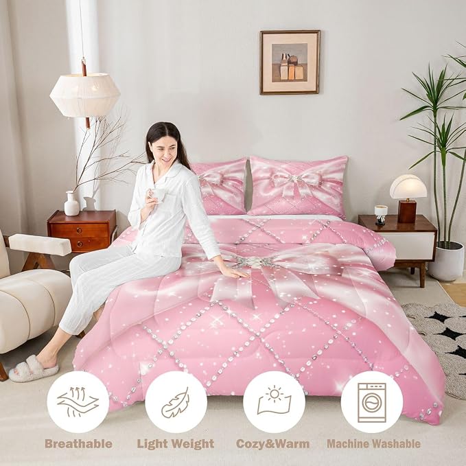 Feelyou Pink Bowknot Comforter Set King Size Glitter Bow Bedding Set for Kids Boys Girls Dreamy Princess Duvet Quilt Bedroom Decor Microfiber 3 Pcs with 2 Pillow Cases