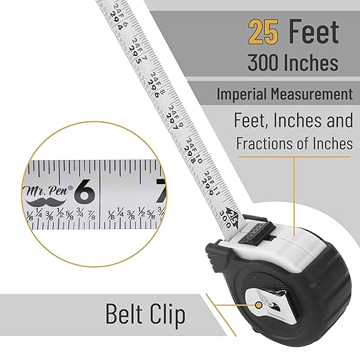 Mr. Pen- Retractable Tape Measure 25 ft, White, Easy Read, Steel Retractable Measuring Tape with Fractions, Ideal for Construction & DIY Projects