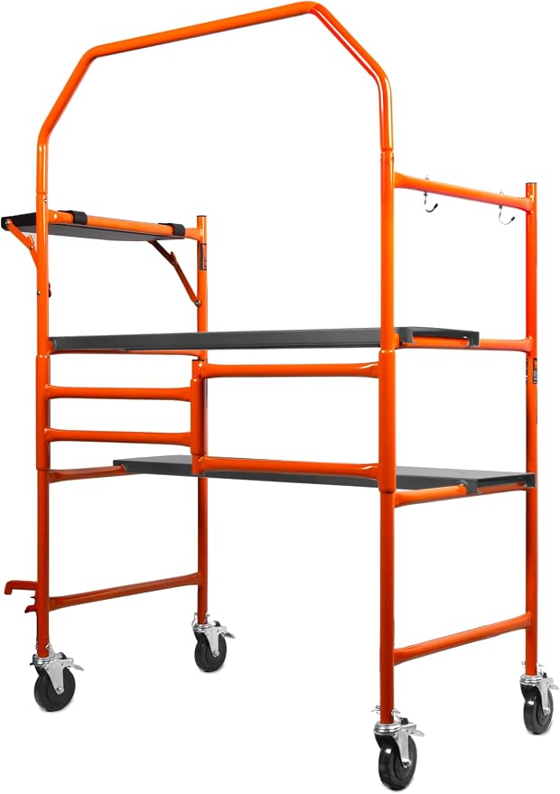 Wen 4-Foot Portable Rolling Scaffolding, 500-Pound-Capacity with Foldable Design, Safety Rail and Tool Shelf (31107)