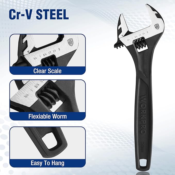 WORKPRO 2-piece Adjustable Wrench Set, 6-Inch & 10-Inch Wrenches, Cr-V Steel, Wide Jaw Wrench with Metric & SAE Scale, good for Home, Garage, Workshop