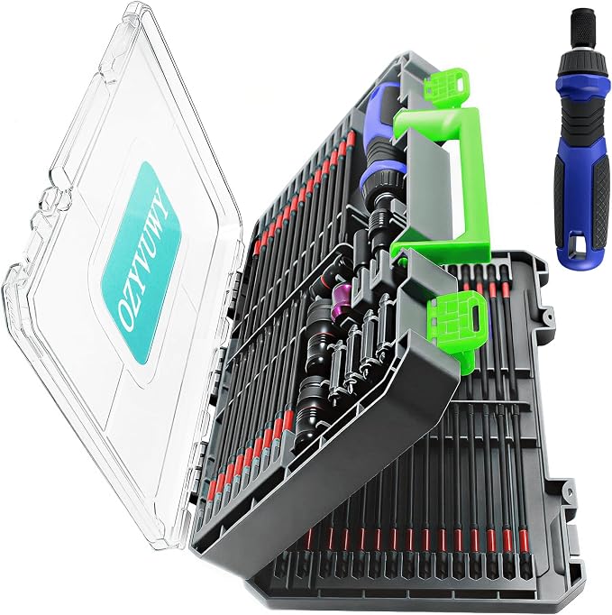 63-Pcs Impact Screwdriver Bits Set, Magnetic S2 Steel Phillips/Square/Torx/Hex Insert Power Bits Tips Screw Extractor Set with Bit Magnetizer, Quick Release Extension and Ratchet Screwdriver Handle