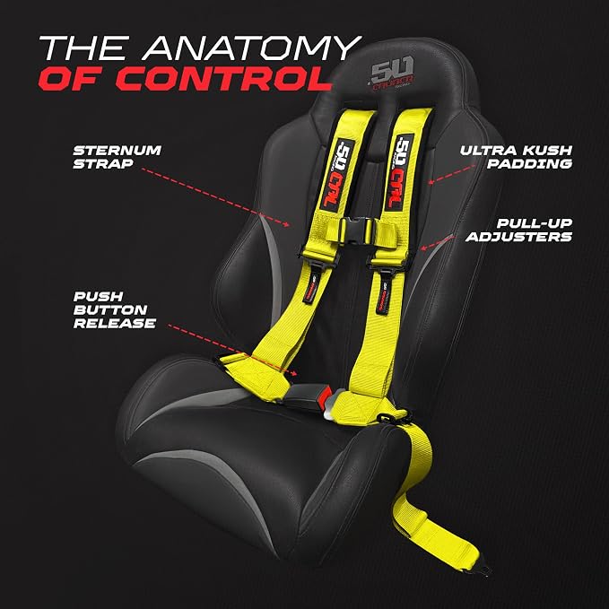 1pc 50 Cal Yellow 4 Point Harness 3in Straps, Racing Harness Seat Belt | Ultra Kush padding, Push Button quick release hardware. Universal Fit for UTV, RZR, race car.