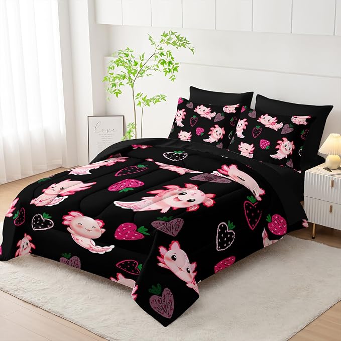 Cute Axolotl Comforter Set,Bed in a Bag Full Size 7 Pieces,Marine Life Themed Bed Set for Kids Girls Toddler,7Pcs Bedding Set with Comforter,Fitted Sheet,Flat Sheet,Pillowcases.