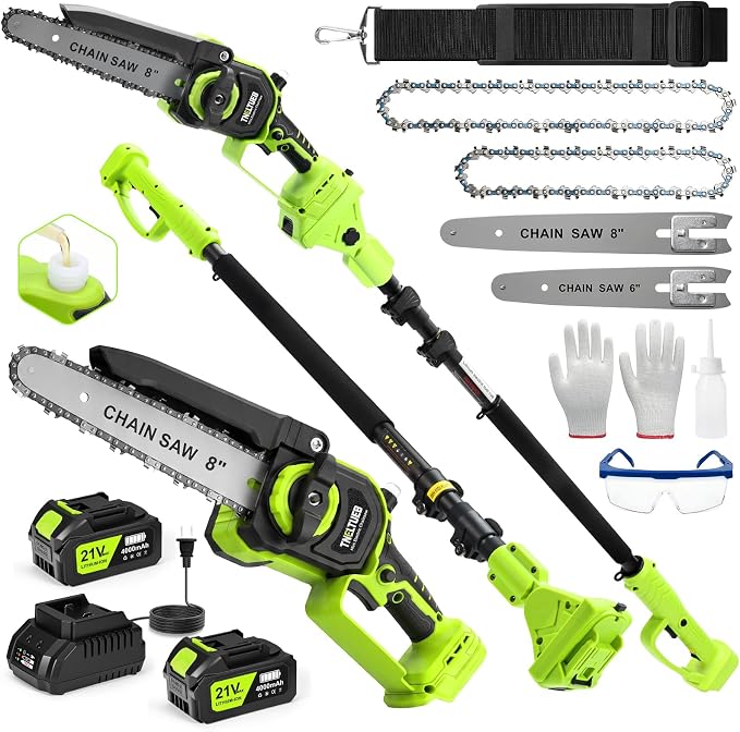 TNELTUEB 4-In-1 Cordless Pole Saw & Mini Chainsaw, 6"&8" Pole Saws For Tree Trimming with 15.6ft Extendable Pole, 180° Adjustable Angle, 1000W Brushless Motor, Electric Chainsaw with 2×4.0Ah Batteries