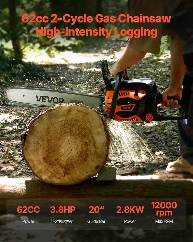 VEVOR 20inch 62CC Gas Powered Chainsaw, 3.8 HP 2 Stroke Engine Gas Power Chainsaws with Non-Slip Handle, Gas Chainsaws with Dual Fuel Tanks, For Wood Cutting, Tree Trimming, and Land Clearing | Power Chain Saw for Logging with Non-Slip Handle, Dual Fue...