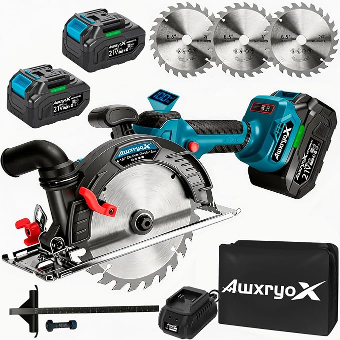 AwxryoX 6-1/2" Cordless Circular Saw,Brushless Sierra Circular with 2 x 6.0Ah Battery & 3 Blade,Electric Hand Circle Saw 0-45° Cutting Bevel,Max Cut Depth 2-1/4"(90°),1-7/16" (45°) for Wood Metal PVC