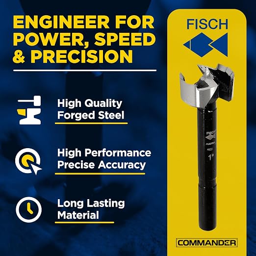 Fisch Black Shark Forged Steel Forstner Drill Bit Set for Woodworking, Precision Wave Design, Clean Cuts in Hardwoods, MDF, and Plywood, Made in Austria (4 Pcs. Set Inc.(1/4" to 1") in Blister Pack)