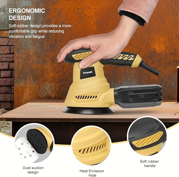 Random Orbital Sander, 2.5Amp 4.9-Inch Corded Palm Sander, Max 13000 OPM Electric Drywall Sander with 6 Variable Speed, 20Pcs Sandpapers and Dust Bag for Woodworking, Sanding, Polishing