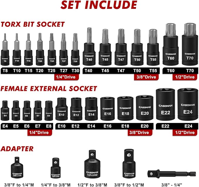 CASOMAN 32-Piece Torx Bit Socket and Female External Socket Set, 14 Star Bits (T8- T70) and 13 Female E-Torx Sockets (E4-E24), Include 5 Impact Socket Adapter