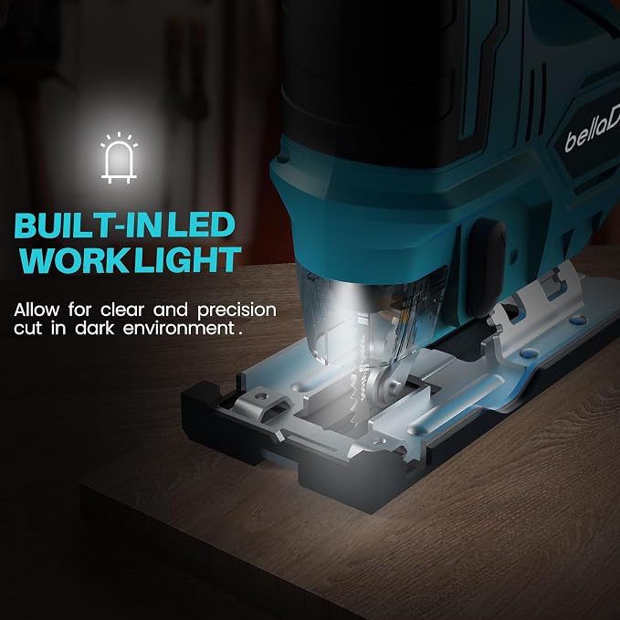 Jig Saw Compatible with 18V Battery | Cordless JigSaw with Built-in LED Light, 45 Deg Bevel, 3 Orbital Settings for Straight/Bevel Cutting & Metal(No Battery)