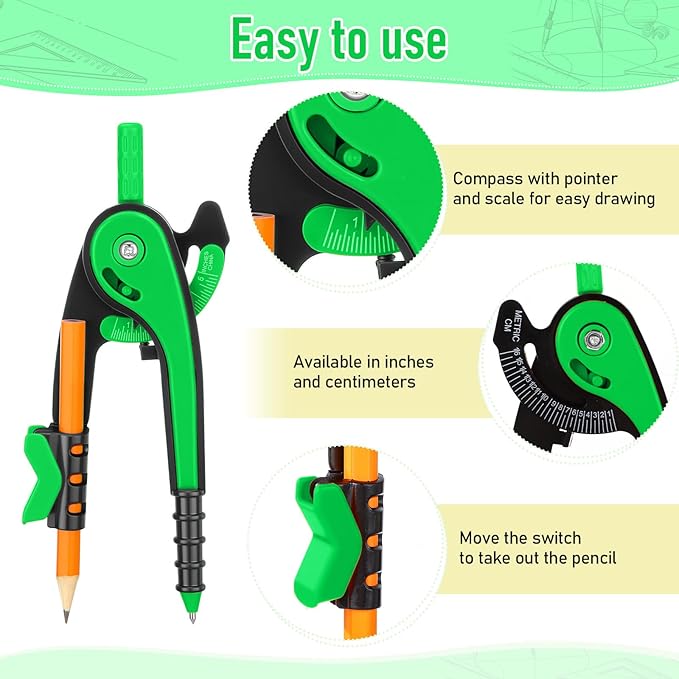 Zonon Student Protractor and Compass Set, Student Geometry Math Set Drawing Compass and 180 Degree 6 Inch Protractor with Swing Arm for Drawing Measuring School Office(Green)