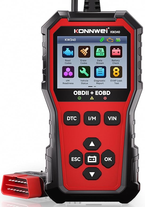 KONNWEI KW340 OBD2 Scanner Car Engine Fault Code Reader 2.8'' Color Screen Automotive Diagnostic Scan Tool with Battery Test, I/M Readiness, One‑Click DTC/VIN for All OBDII EOBD Vehicles 1996+