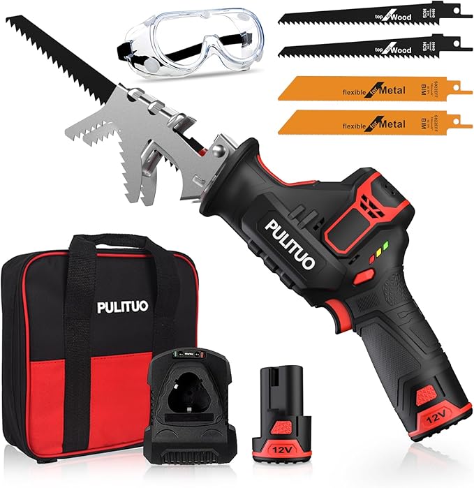 PULITUO Cordless Reciprocating Saw, Speed 3000SPM，with Clamping Jaw, 2000 mAh Battery/ 1-Hour Fast Charge,Safety Gloves& Goggles, 4Pcs of Saw Blades for Wood/Metal/PVC